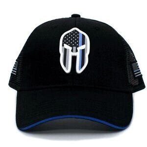 Thin Blue Line PVC Spartan Skull Hat Truckers Cap Black
